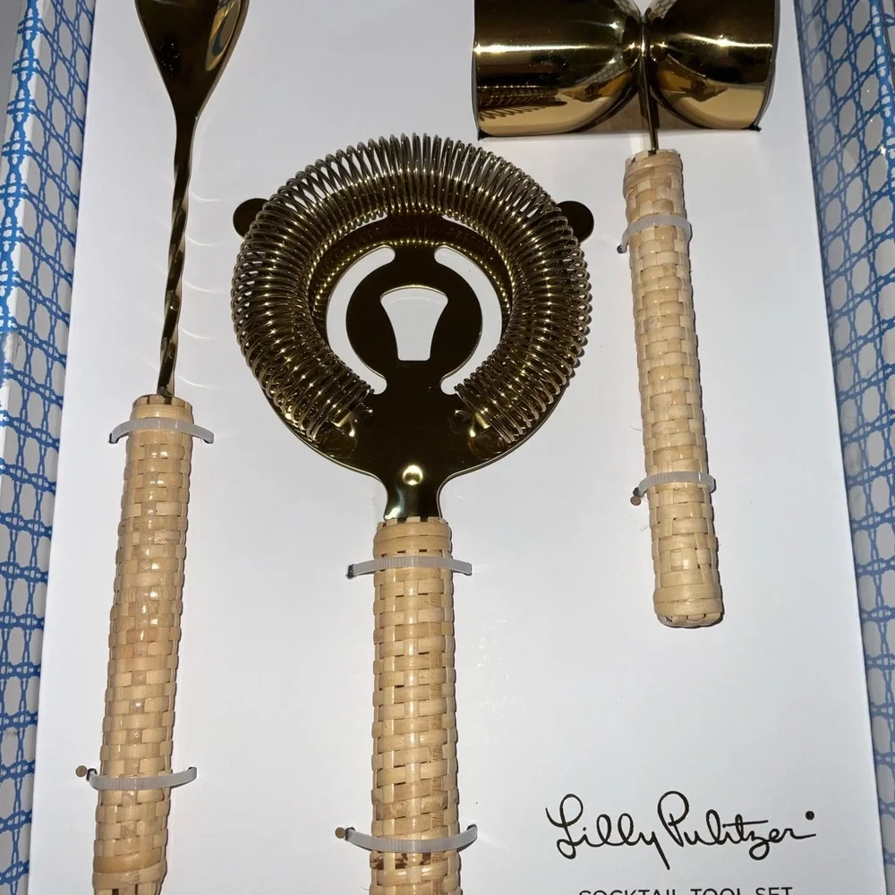 Lilly Pulitzer NIB 3 Piece Gold Cocktail Tool Set Caning